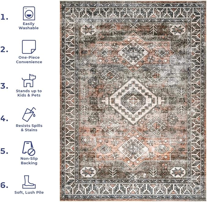 nuLOOM 5x8 Machine Washable Rain Haven Vintage Medallion Area Rug, Rust, Traditional Faded Design, Non-Slip Backing, Stain Resistant, For Bedroom, Dining Room, Living Room, Kitchen - LeafyLoom