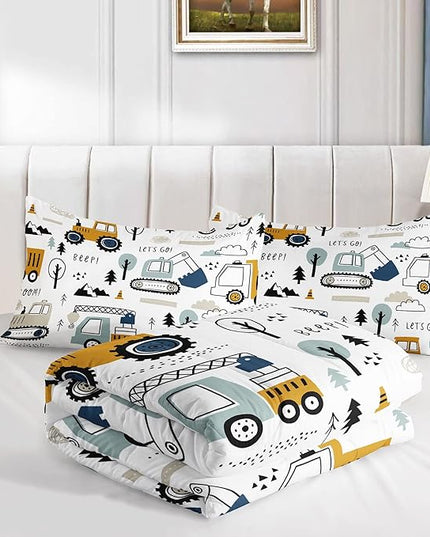 Datura home Kids Cartoon Excavator Bedding Comforter Sets for Boy and Girls,Construction Truck Bulldozer Tree Pattern Comforter Set with 2 Pillowcase and 1 Comforter(Excavator Full) - LeafyLoom