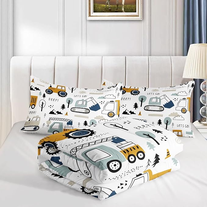 Datura home Kids Cartoon Excavator Bedding Comforter Sets for Boy and Girls,Construction Truck Bulldozer Tree Pattern Comforter Set with 2 Pillowcase and 1 Comforter(Excavator Queen) - LeafyLoom