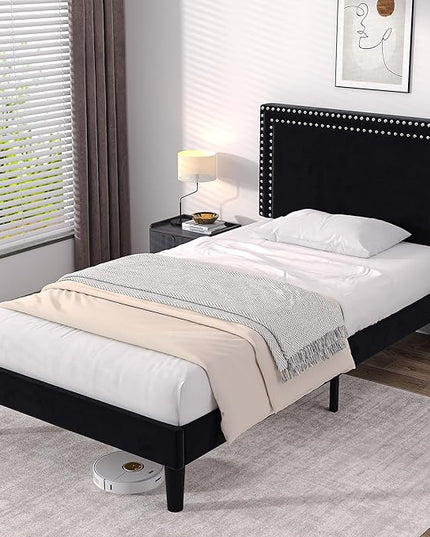 VECELO Twin Size Platform Bed Frame with Adjustable Upholstered Headboard, Modern Mattress Foundation, Strong Wood Slat Support, No Box Spring Needed, Easy Assembly - LeafyLoom