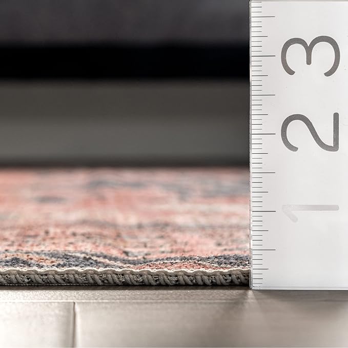 nuLOOM Medallion Bordered Machine Washable Ultra Thin Area Rug, 9' x 12', Rust - LeafyLoom