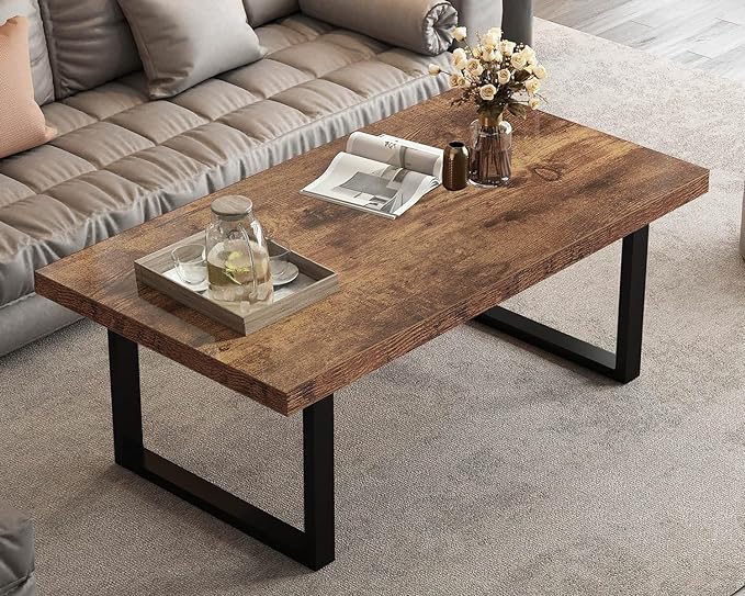 IBF Rustic Living Room Table, Simple Industrial Rectangle Coffee Table, Modern Minimalist Farmhouse Wooden Center Table, Wood and Metal Vintage Coffee Table for Bedroom Office, Rustic Brown, 47 Inch - LeafyLoom