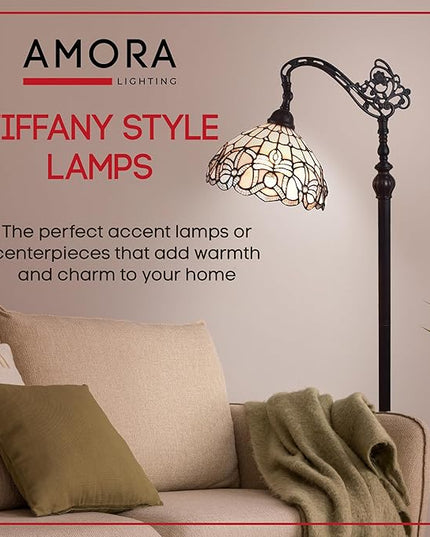 Amora Tiffany Floor Lamp - Arched, Stained Glass 62” - Traditional White Mahogany with Foot Switch Operation and Adjustable Lamp Shade - Custom Handcrafted Floor Lamps for Living Room - LeafyLoom