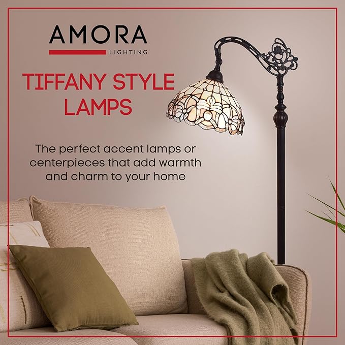 Amora Tiffany Floor Lamp - Arched, Stained Glass 62” - Traditional White Mahogany with Foot Switch Operation and Adjustable Lamp Shade - Custom Handcrafted Floor Lamps for Living Room - LeafyLoom
