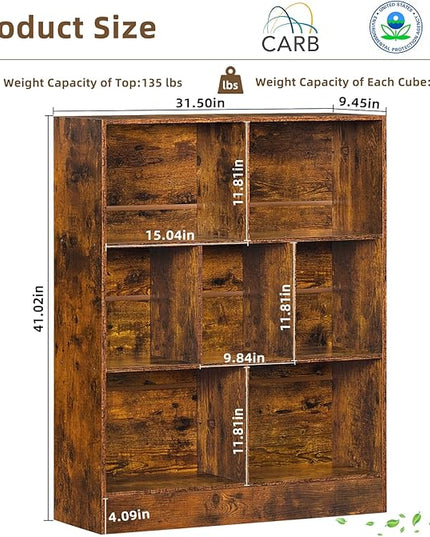 LEYAOYAO 7 Cube Bookshelf with Base,3 Tier Mid-Century Modern Brown Bookcase,Standing Wide Bookshelves Storage Organizer Shelf,Rustic Wood Display Cabinet Book Shelves for Bedroom,Living Room,Office - LeafyLoom