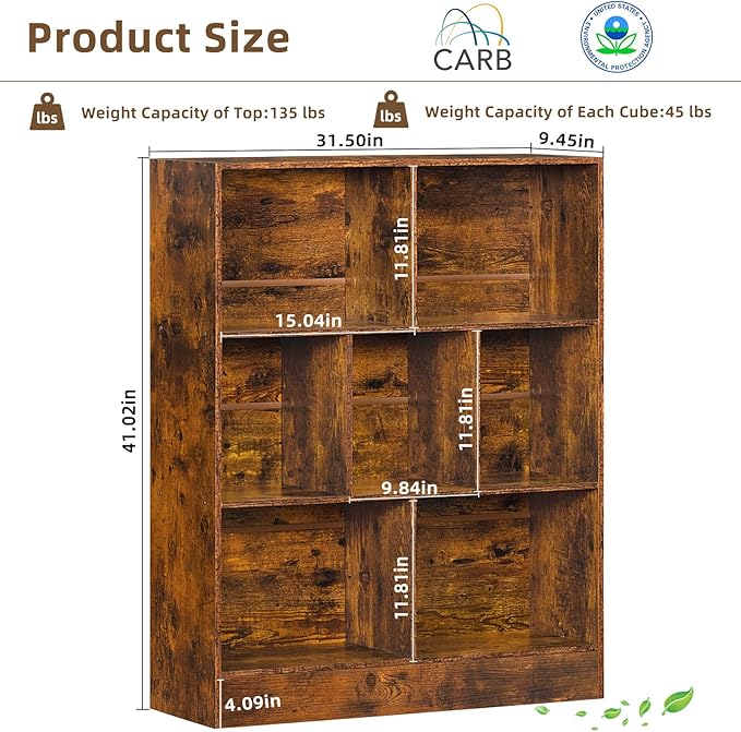 LEYAOYAO 7 Cube Bookshelf with Base,3 Tier Mid-Century Modern Brown Bookcase,Standing Wide Bookshelves Storage Organizer Shelf,Rustic Wood Display Cabinet Book Shelves for Bedroom,Living Room,Office - LeafyLoom