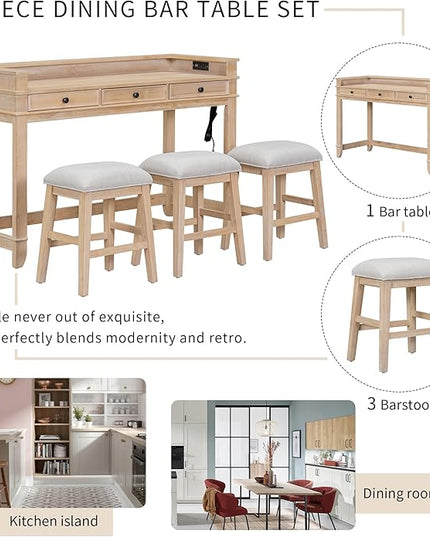 NicBex Kitchen Table Chairs Set of 4 Dining Table Set 4-Piece Dining Bar Table Set with 3 Upholstered Stools, Multifunctional Dining Table with 3 Drawers, Natural Wood Wash - LeafyLoom