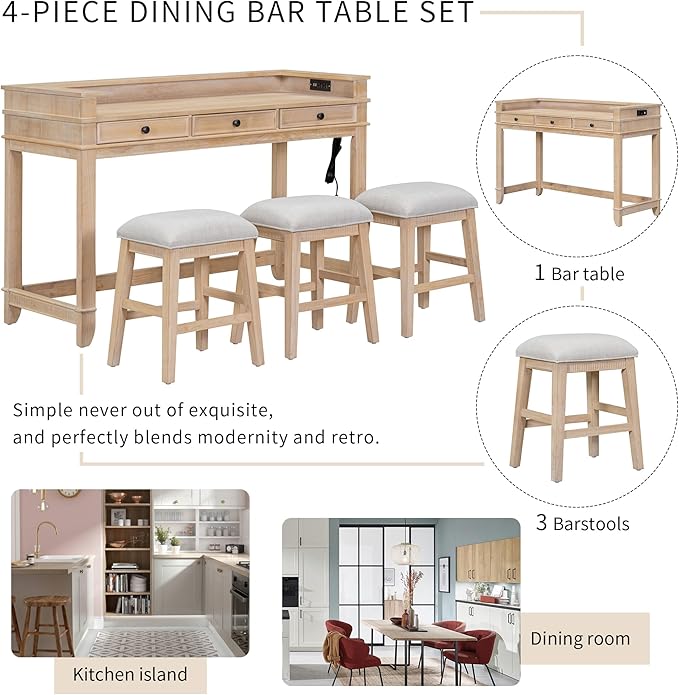NicBex Kitchen Table Chairs Set of 4 Dining Table Set 4-Piece Dining Bar Table Set with 3 Upholstered Stools, Multifunctional Dining Table with 3 Drawers, Natural Wood Wash - LeafyLoom