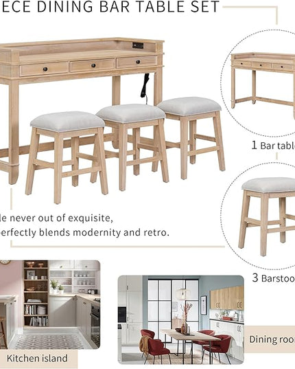 Retro Upholstered Stools, Multifunctional 3 Drawers, Easy Assembly and Clean, Room, Kitchen, Bar, 4 Piece Dining Table Set, Natural Wood Wash 12 - LeafyLoom