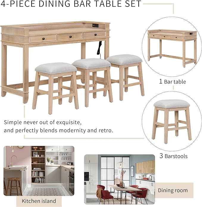 Retro Upholstered Stools, Multifunctional 3 Drawers, Easy Assembly and Clean, Room, Kitchen, Bar, 4 Piece Dining Table Set, Natural Wood Wash 12 - LeafyLoom