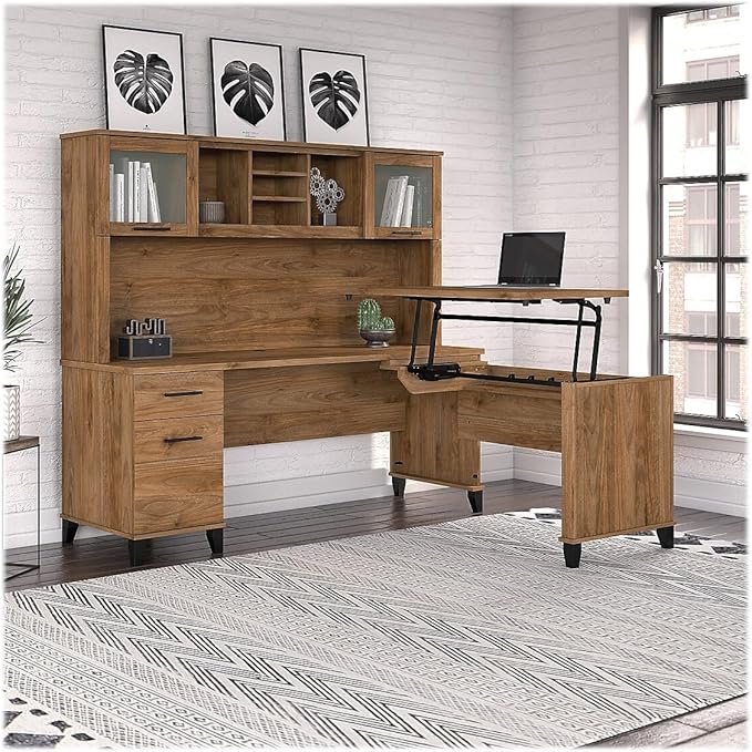 Bush Furniture Somerset 3 Position Sit L Shaped Desk with Hutch | Ergonomic Height Adjustable Standing Computer/Laptop Table for Home Office, 72W, Fresh Walnut - LeafyLoom