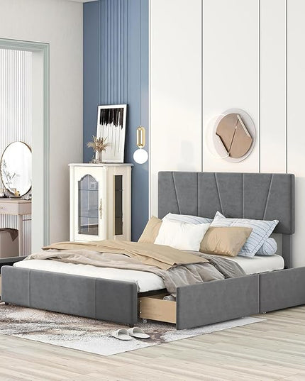 Queen Size Upholstered Platform Bed Frame with 4 Storage Drawers and Adjustable Headboard, Wooden Slats Support, No Box Spring Needed, Gray - LeafyLoom