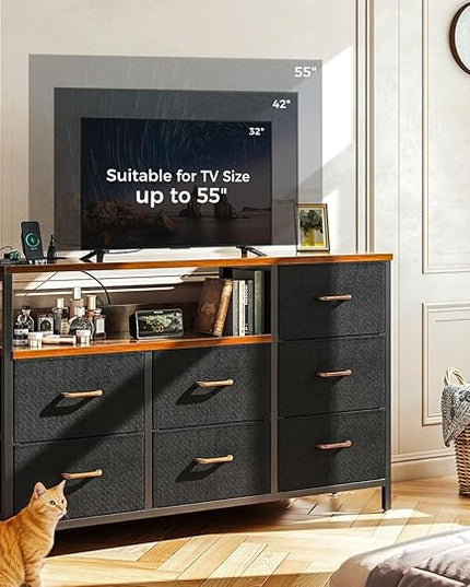 AODK Dresser with Charging Station, 52-Inch Long Dresser for Bedroom with 7 Large Fabric Drawers, Entertainment Center with Open Shelves for 55-Inch TV for Living Room, Black and Vintage - LeafyLoom