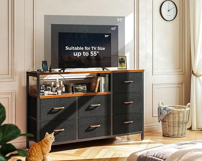 AODK Dresser with Charging Station, 52-Inch Long Dresser for Bedroom with 7 Large Fabric Drawers, Entertainment Center with Open Shelves for 55-Inch TV for Living Room, Black and Vintage - LeafyLoom