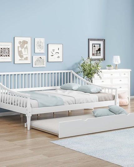 Full Size Daybed with Hideaway Trundle and Support Legs,Multi-Functional Wood Bed Frame,W/Rails Three Sides,Easy to Assemble,for Bedroom,Living Room,Apartment,White - LeafyLoom