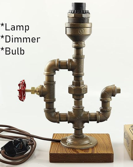 Steampunk Lamp with Dimmer, Dimmable Loft Style Industrial Vintage Antique Style Light with Bulb, Wood Base with Iron Piping Desk Lamp, Retro Desk Lamp LL-034 - LeafyLoom