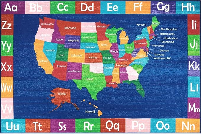 LIVEBOX Educational USA Map Kids Nursery Rug, 4x6 Ft Baby Playmats for Infant and Toddlers, Non-Slip Alphabet Kids Rug Mat for Playroom, Classroom, ABC Kids Room Rug for Bedroom - LeafyLoom