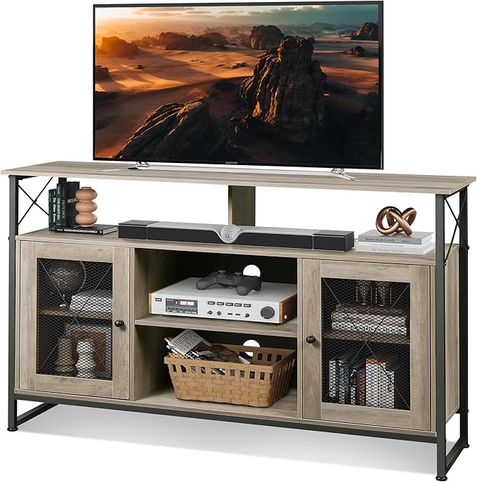 WLIVE TV Stand 55 inch TV,Tall Entertainment Center with Storage, Farmhouse Industrial TV Console for Bedroom Living Room, Greige - LeafyLoom