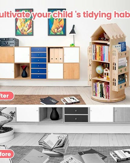 Rotating Bookshelf 360 Display 4 Tier Floor Standing Bookcase Storage Rack for Kids&Adults Bookshelf, Wood Book Shelf, Storage Book Bookrack - LeafyLoom