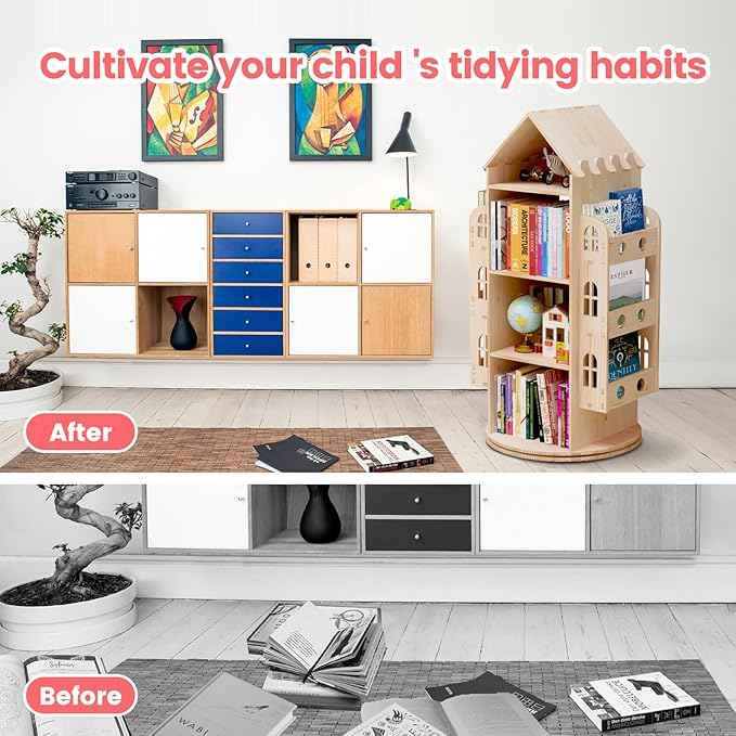 Rotating Bookshelf 360 Display 4 Tier Floor Standing Bookcase Storage Rack for Kids&Adults Bookshelf, Wood Book Shelf, Storage Book Bookrack - LeafyLoom