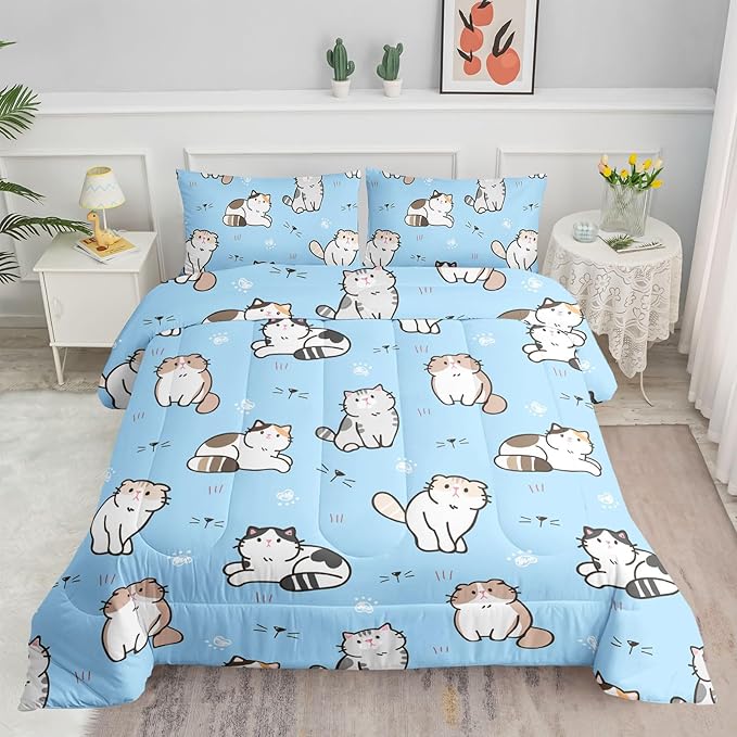 Datura home Blue Kawaii Cat Comforter Bedding Set for Girls Lovely Kitten Print Cute Animal Pattern with 1 and 2 Pillowcases Bedroom All Season(Cat Queen), Queen 90x90inches - LeafyLoom