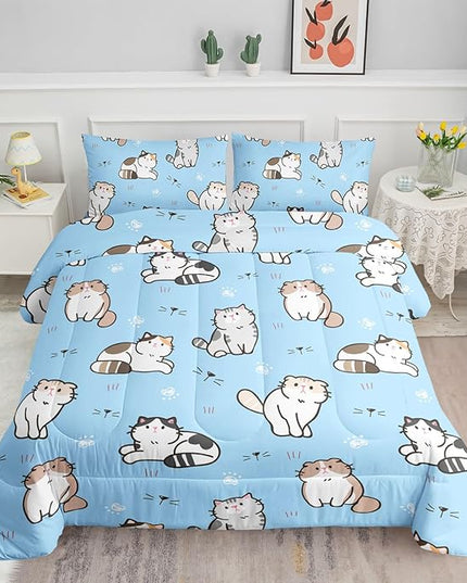 Datura home Blue Kawaii Cat Comforter Bedding Set for Girls Lovely Kitten Print Cute Animal Pattern with 1 and 2 Pillowcases Bedroom All Season(Cat Full), Full 80x90inches - LeafyLoom