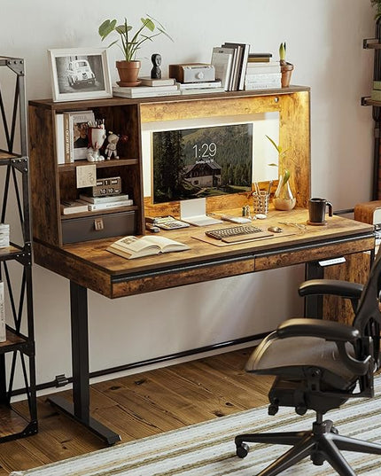 FEZIBO 55 x 27.5 Inches Electric Standing Desk with Open Shelf&LED Strip, Adjustable Height Sit Stand Up Desks with 3 Drawers, Ergonomic Workstation，Rustic Brown - LeafyLoom