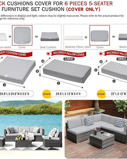 ClawsCover 12 Pack Outdoor Seat and Back Cushions Replacement Covers Fit for 6Pieces 5-Seater Wicker Rattan Patio Furniture Conversation Set Sectional Couch Chairs,Grey-Include Cover Only - LeafyLoom