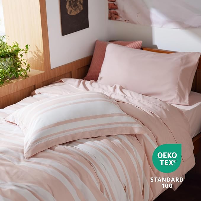 Bedsure Twin XL Comforter Set for College Girls, Pink Striped Bedding Comforter Sets All Season Bed Set with 1 Pillow Sham, Flat Sheet, Fitted Sheet and 1 Pillowcase - LeafyLoom