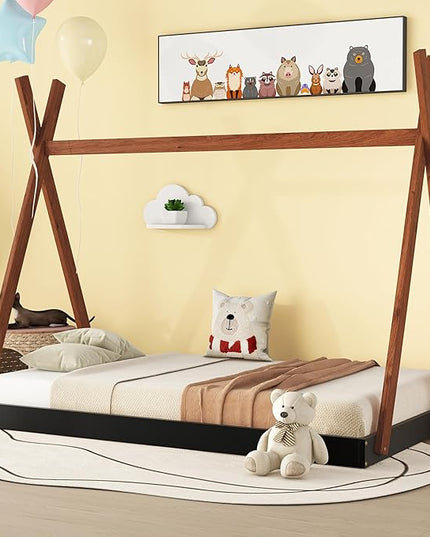 Bellemave Twin Size Tent Floor Bed Frame with Triangle Structure, Teepee Bed Platform Bed for Kids,Montessori Floor Bed for Girls Boys(Twin,Black+Brown) - LeafyLoom
