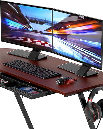 SHW Vista L-Shape Desk with Monitor Stand, Cherry - LeafyLoom