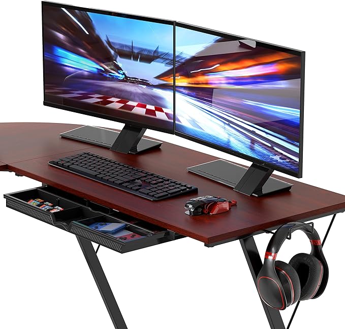 SHW Vista L-Shape Desk with Monitor Stand, Cherry - LeafyLoom