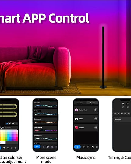 Corner Floor Lamp Smart RGB Color Changing Corner Lamp, Modern LED Bedside Lamps with Wi-Fi App Control, 64+ Scene, DIY Modes, Music Sync, Standing Lamp Suitable for Bedroom, Living Room - LeafyLoom