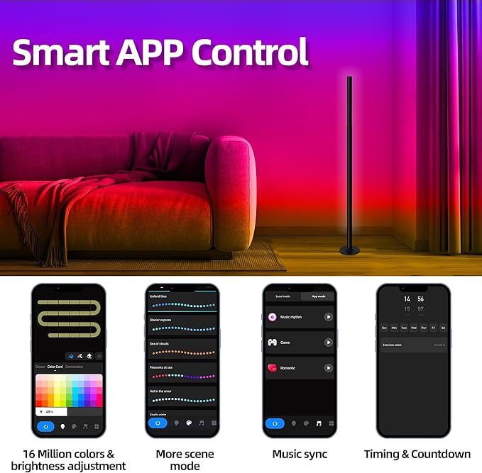 Corner Floor Lamp Smart RGB Color Changing Corner Lamp, Modern LED Bedside Lamps with Wi-Fi App Control, 64+ Scene, DIY Modes, Music Sync, Standing Lamp Suitable for Bedroom, Living Room - LeafyLoom