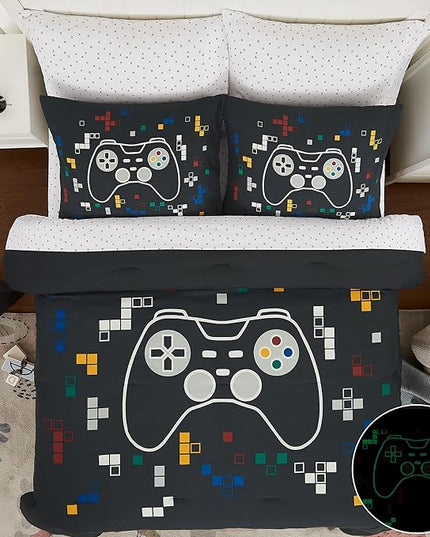 KALEIDOSPACE Gamer Bedding Sets for Boys Girls, Glow in The Dark 7 Piece Bed in a Bag Full, Ultra Soft Microfiber Kids Bedding for All Season (76"X86") - LeafyLoom