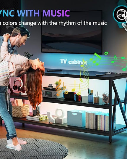 Lvifur LED TV Stand up to 70''Televisions, Farmhouse TV Console Table with RGB 24 Colors Dimmable, Industrial Entertainment Center with Human Body Sensor for Living Room Bedroom - LeafyLoom