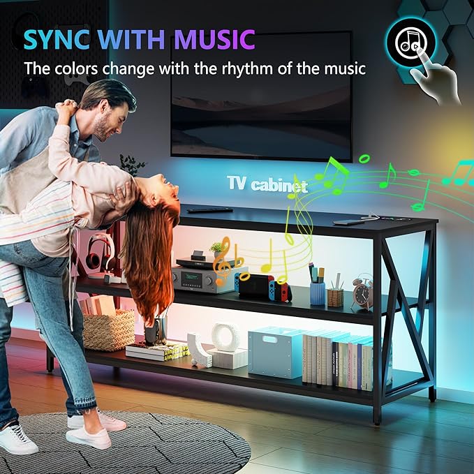 Lvifur LED TV Stand up to 70''Televisions, Farmhouse TV Console Table with RGB 24 Colors Dimmable, Industrial Entertainment Center with Human Body Sensor for Living Room Bedroom - LeafyLoom