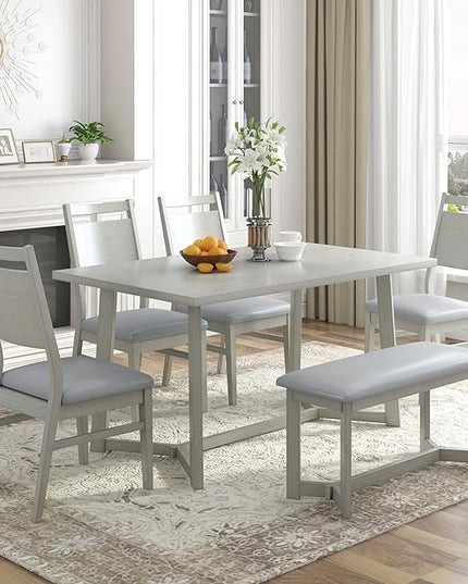 6-Piece Wood Dining Table Set with 4 PU Upholstered Chairs and Bench, Large Tabletop, for Kitchen Living Room, Farmhouse Style, Gray, 59" L x 35.4" W x 30" H - LeafyLoom