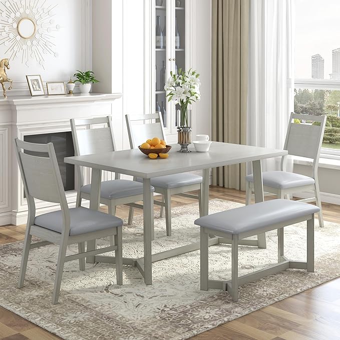 6-Piece Wood Dining Table Set with 4 PU Upholstered Chairs and Bench, Large Tabletop, for Kitchen Living Room, Farmhouse Style, Gray, 59" L x 35.4" W x 30" H - LeafyLoom