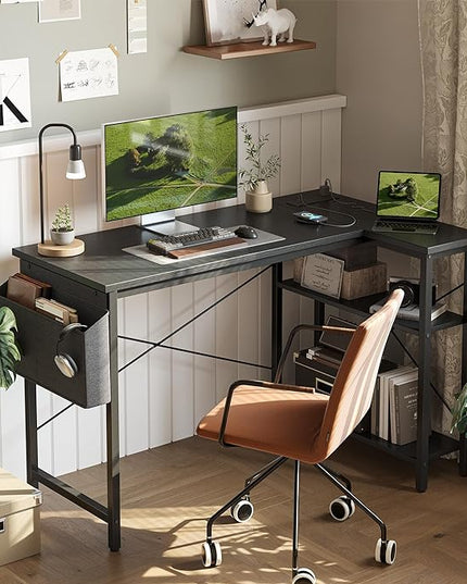 Small Computer Desk with Power Outlets, 40 Inch L Shaped Desk with Reversible Shelves, Gaming Desk Corner Desk Study Writing Table for Home Office Bedroom Living Room, Black - LeafyLoom