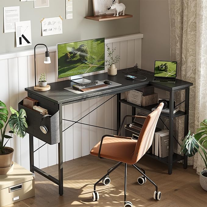 Small Computer Desk with Power Outlets, 40 Inch L Shaped Desk with Reversible Shelves, Gaming Desk Corner Desk Study Writing Table for Home Office Bedroom Living Room, Black - LeafyLoom