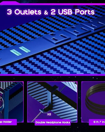 ODK L Shaped Gaming Desk with LED Lights & Power Outlets, 51" Computer Desk with Full Monitor Stand, Corner Desk with Cup Holder, Gaming Table with Hooks, Black Carbon Fiber - LeafyLoom