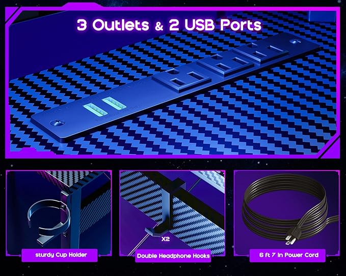 ODK L Shaped Gaming Desk with LED Lights & Power Outlets, 51" Computer Desk with Full Monitor Stand, Corner Desk with Cup Holder, Gaming Table with Hooks, Black Carbon Fiber - LeafyLoom