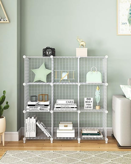 Wolizom Wire Cube Storage, Metal Grids Shelves Bookshelf, Stackable Modular Shelving Organizer, DIY Closet Bookcase Bookshelf, Grid Storage Shelf for Bedroom, Living Room, Office (White, 9 Cube) - LeafyLoom