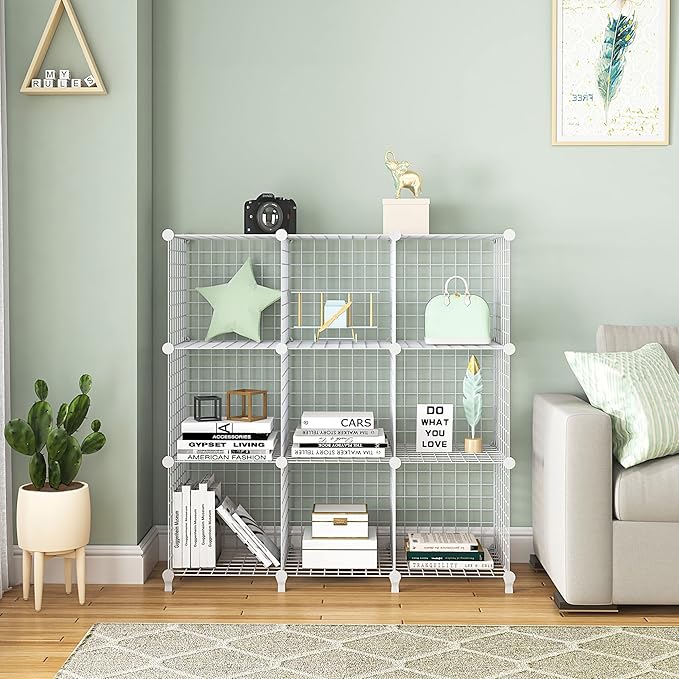 Wolizom Wire Cube Storage, Metal Grids Shelves Bookshelf, Stackable Modular Shelving Organizer, DIY Closet Bookcase Bookshelf, Grid Storage Shelf for Bedroom, Living Room, Office (White, 9 Cube) - LeafyLoom