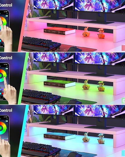 armocity Computer Desk with LED Lights, 48 Inch Desk with Power Outlet and USB, Reversible Large Desk with Moveable Monitor Stand, 48'' Gaming PC Table for Home Office, Workstation, Pink and White - LeafyLoom