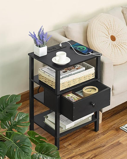 Lerliuo Nightstand with Charging Station and USB Ports, 3-Tier Storage End Table with Drawer Shelf, Night Stand for Small Spaces, Wood Bed Side Table for Living Room, Bedroom - Classic Black - LeafyLoom
