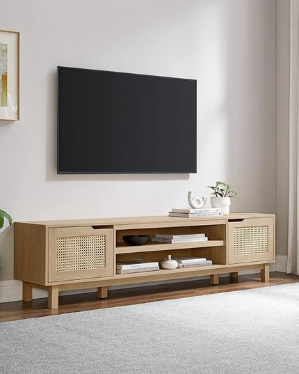 Walker Edison Destin Modern Minimal Rattan-Door Stand for TVs up to 80 Inches, 70 Inch, Coastal Oak - LeafyLoom