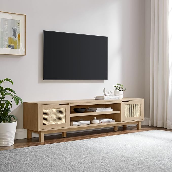 Walker Edison Destin Modern Minimal Rattan-Door Stand for TVs up to 80 Inches, 70 Inch, Coastal Oak - LeafyLoom