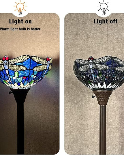 Capulina Tiffany Torchiere Floor Lamp Industrial Dark Bronze Pole Sea Blue Dragonfly Style Stained Glass Standing Light for Living Room Bedroom Home Office - LeafyLoom